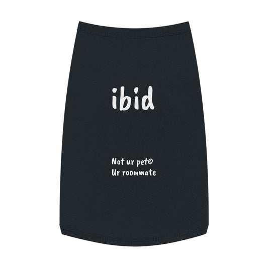 black t-shirt with "ibid" text on white background