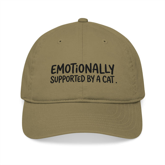 "Emotionally supported by a cat" embroidered organic cotton baseball cap