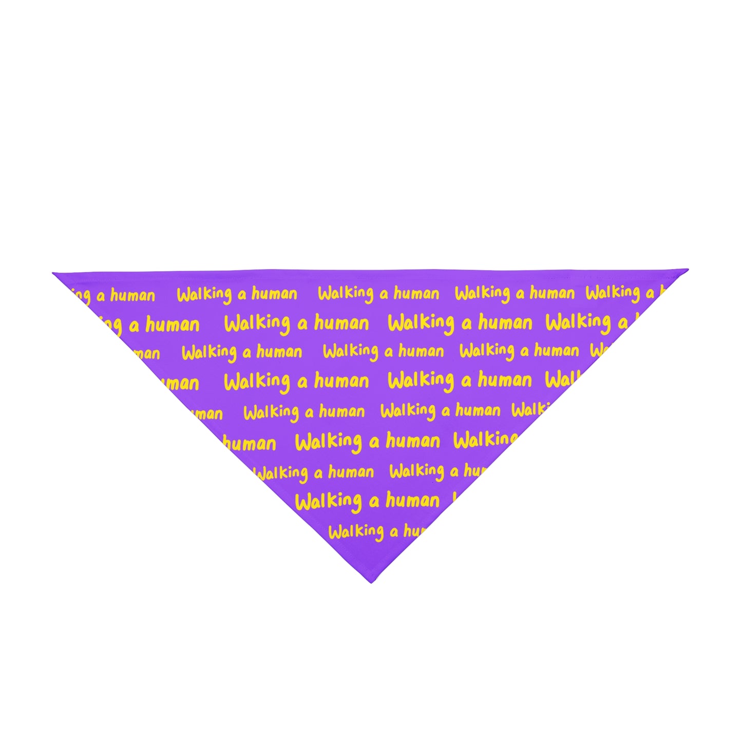 purple "walking a human" repeating text bandana on a dog