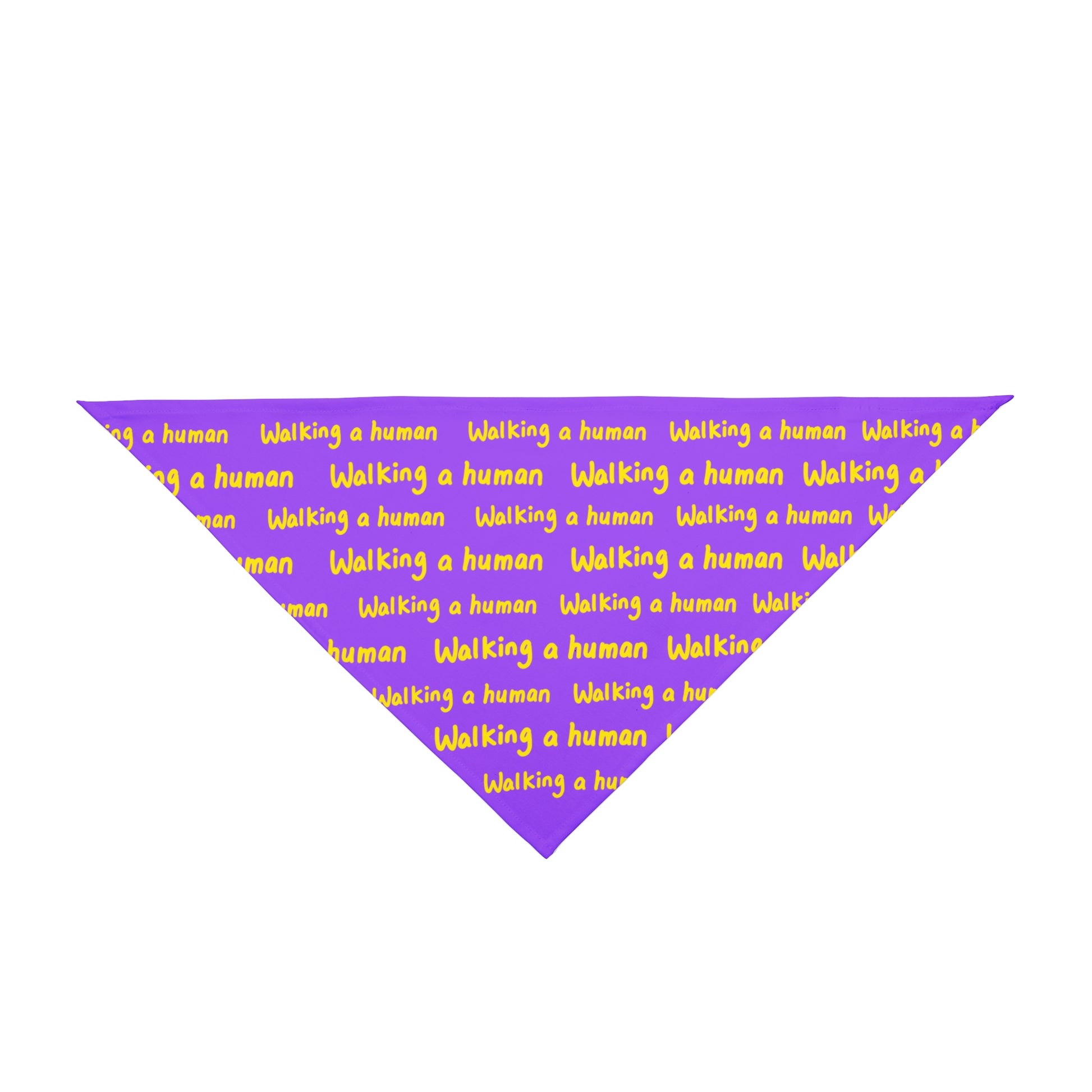 purple "walking a human" repeating text bandana on a dog
