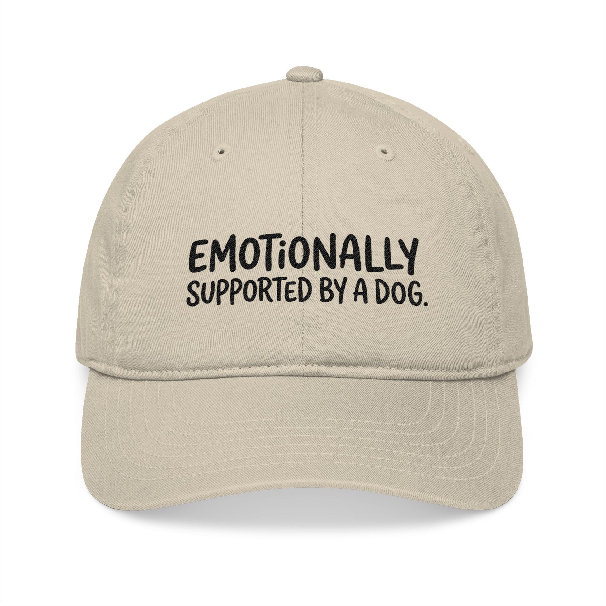 "Emotionally supported by a dog" embroidered organic cotton baseball cap