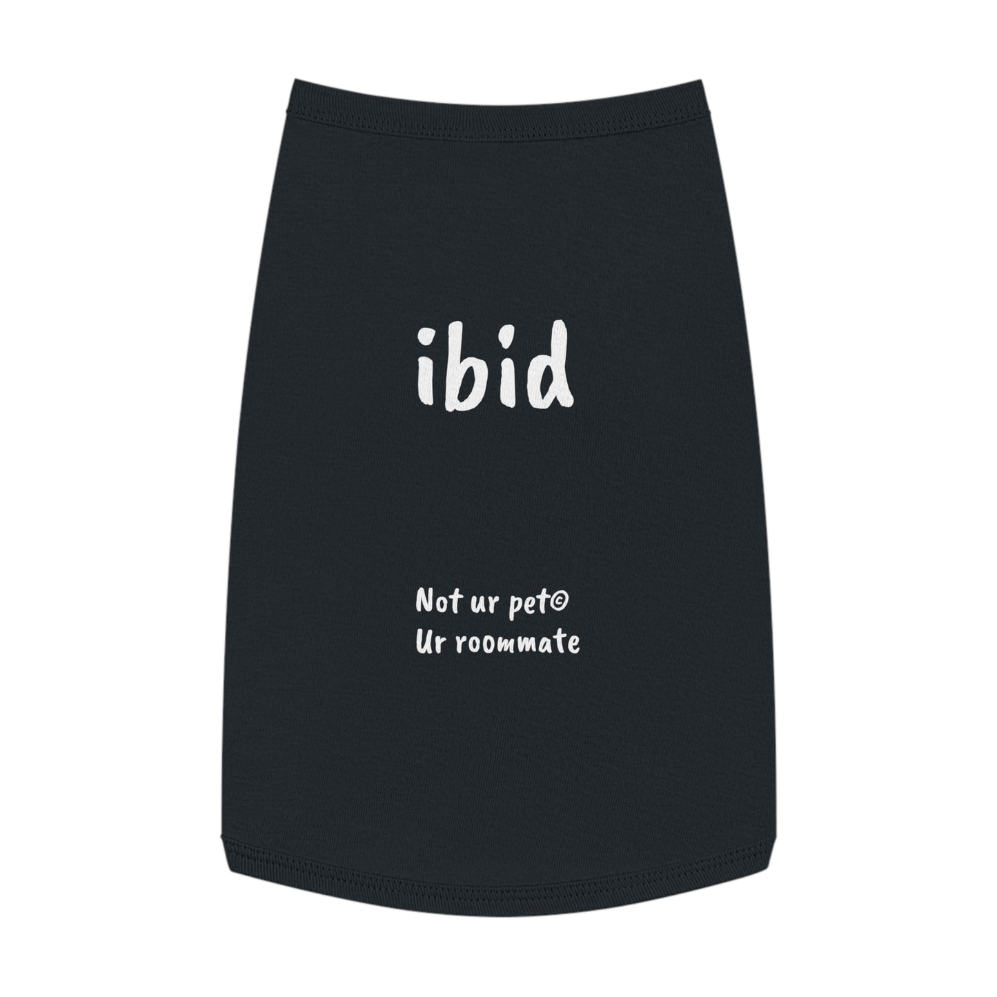 black t-shirt with "ibid" text on white background