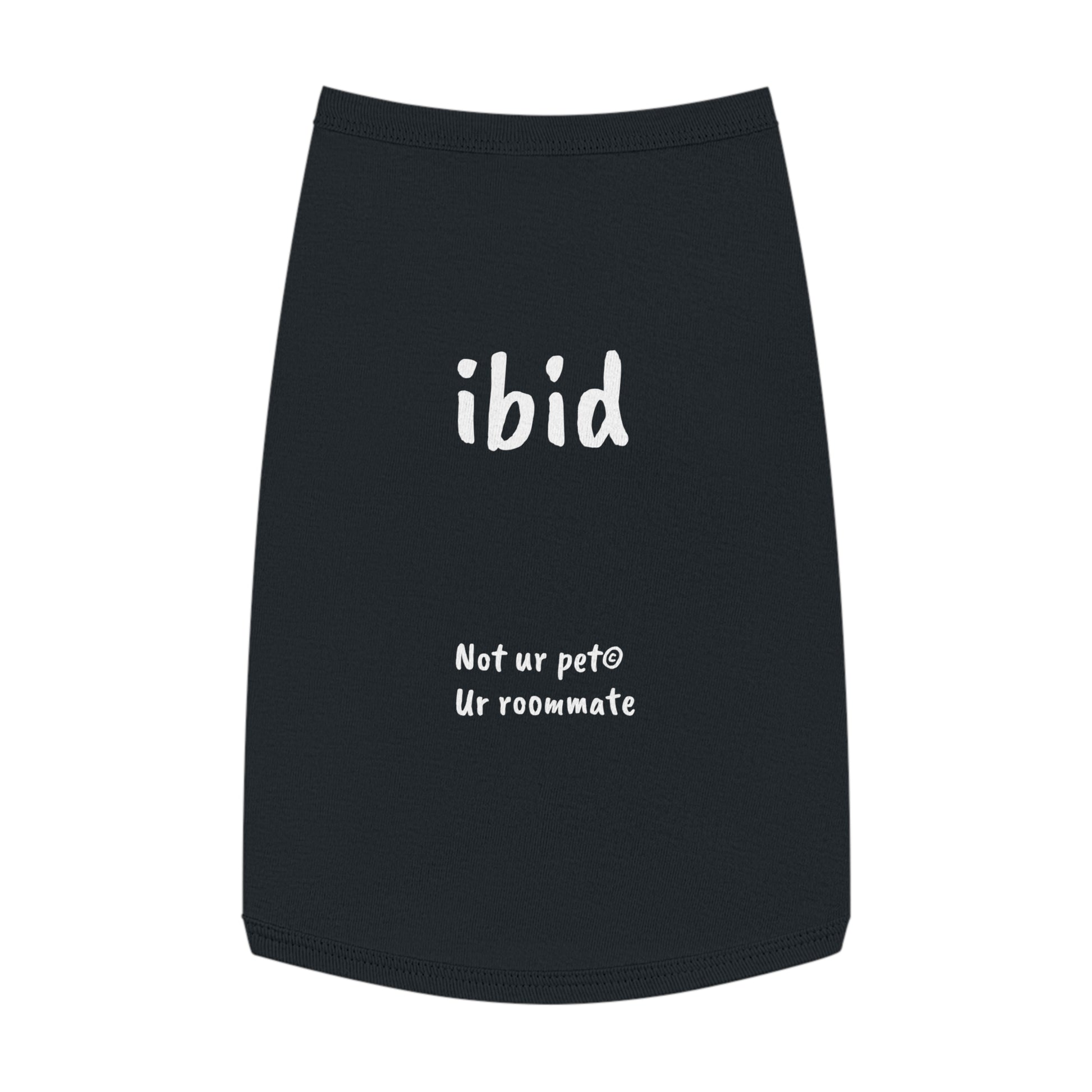 black t-shirt with "ibid" text on white background
