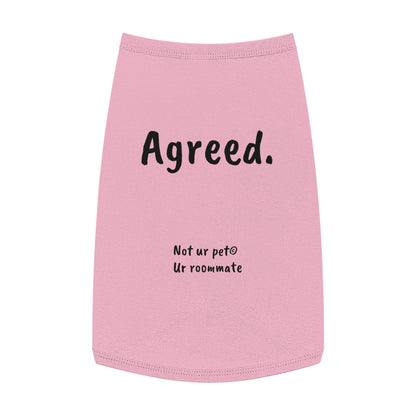 dog t-shirt with "agreed." text on white background
