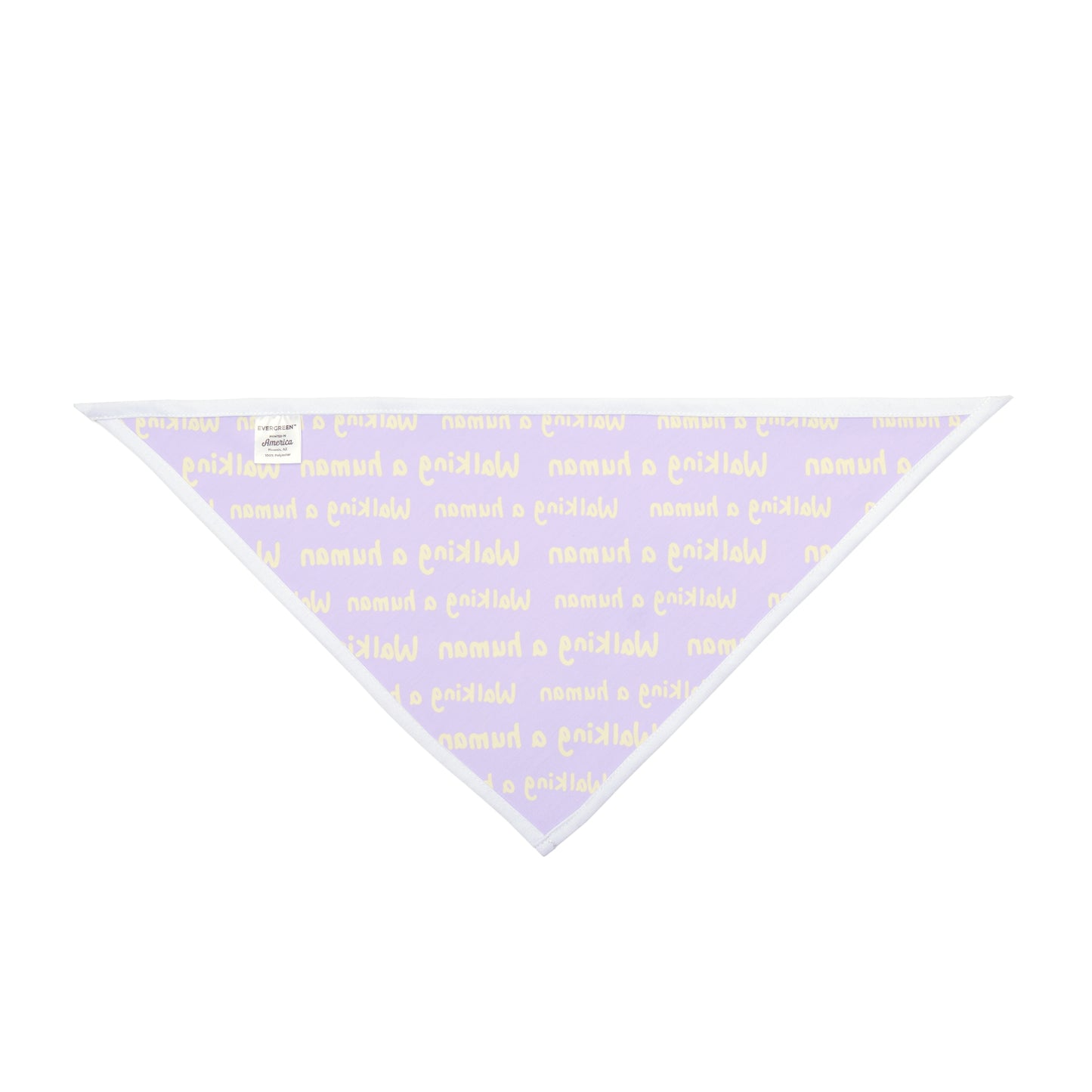 purple "walking a human" repeating text bandana on a dog