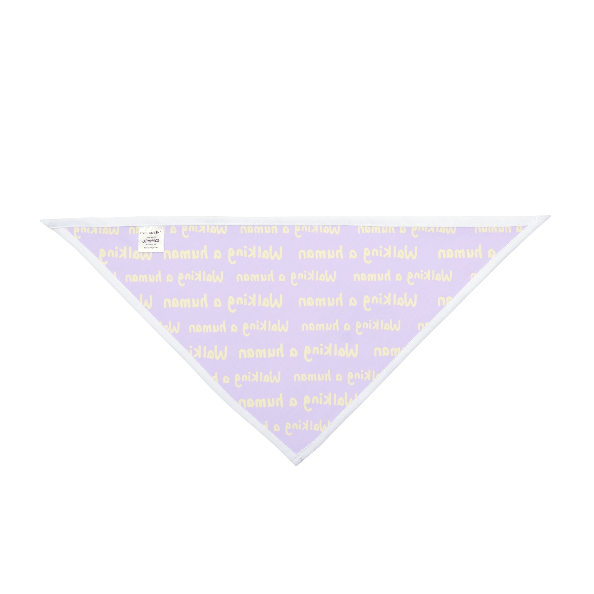 purple "walking a human" repeating text bandana on a dog