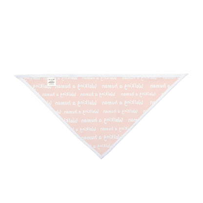 orange "walking a human" repeating text bandana on a dog