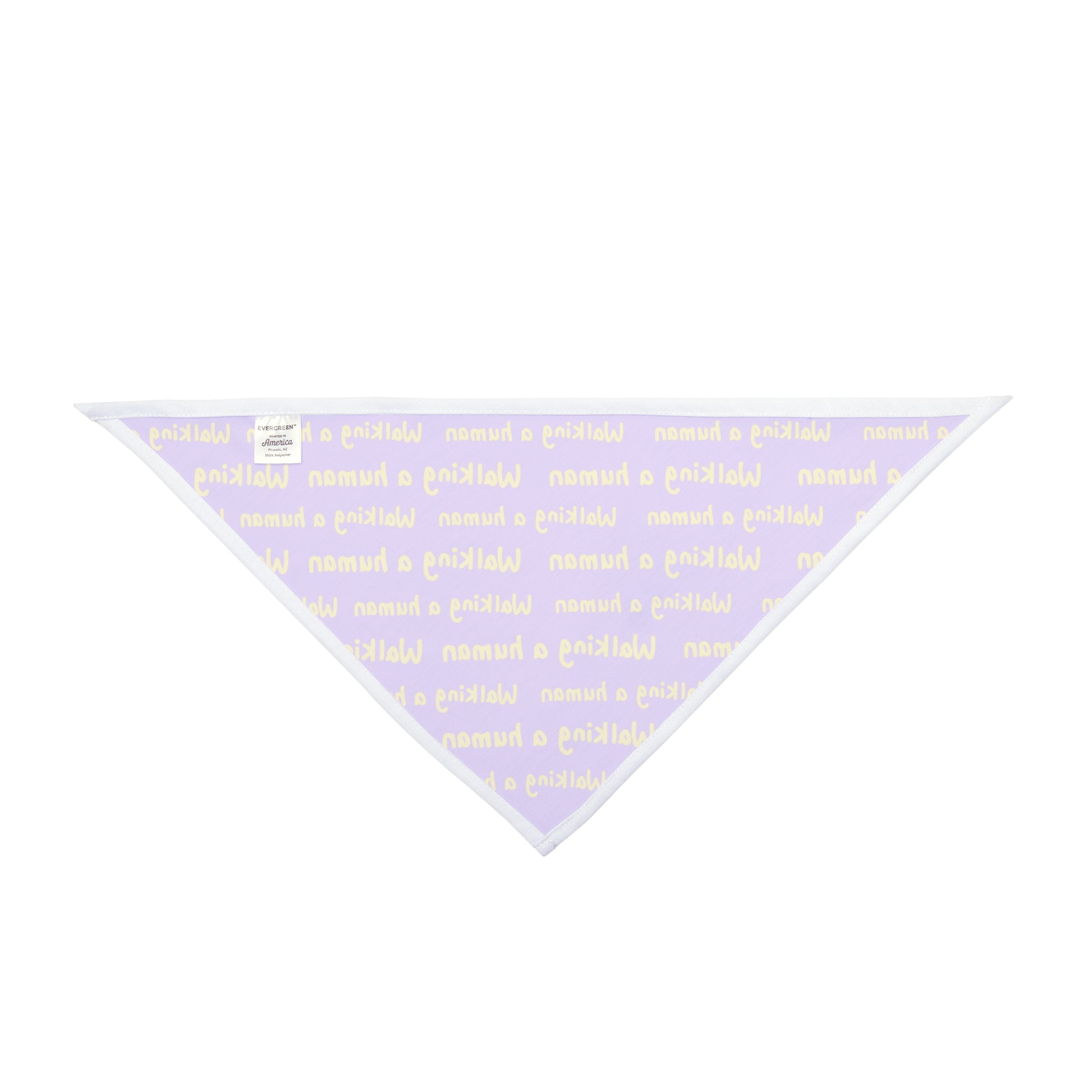 purple "walking a human" repeating text bandana on a dog