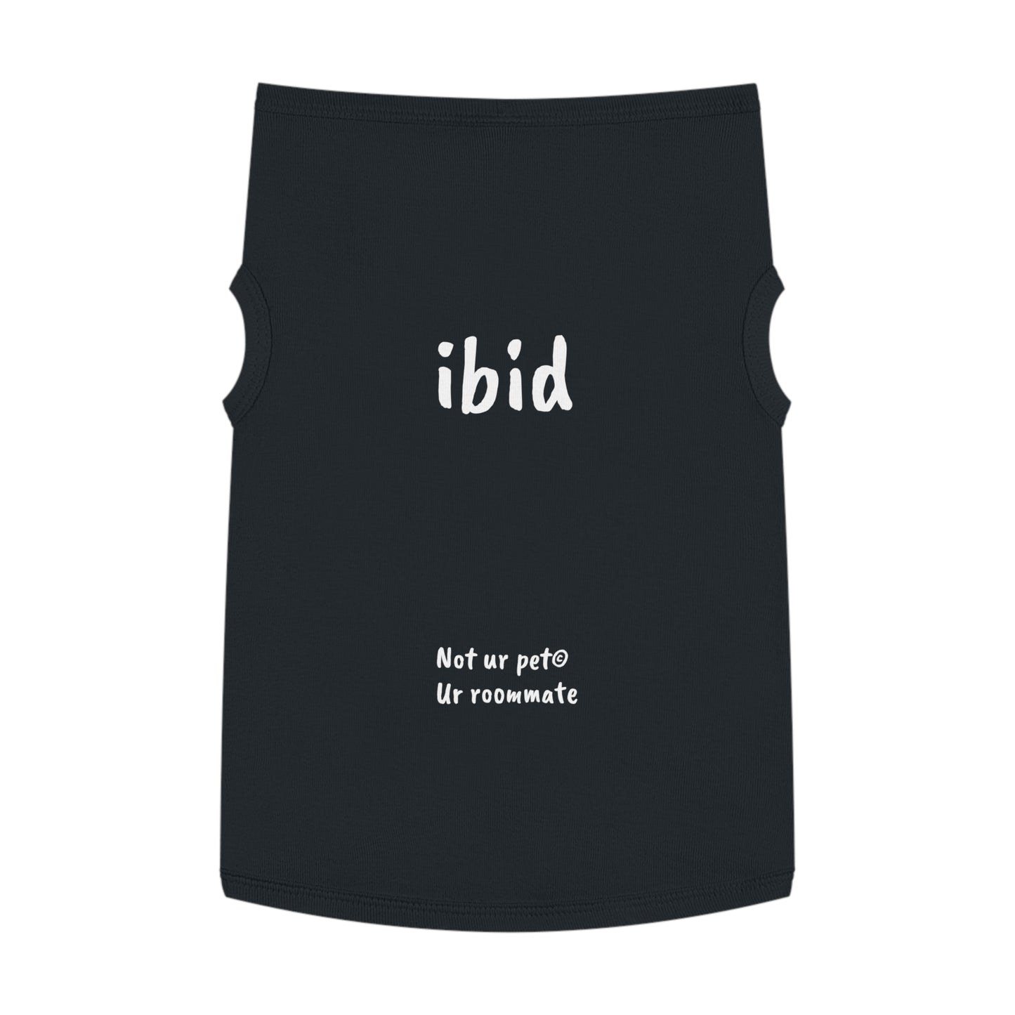 black t-shirt with "ibid" text on white background