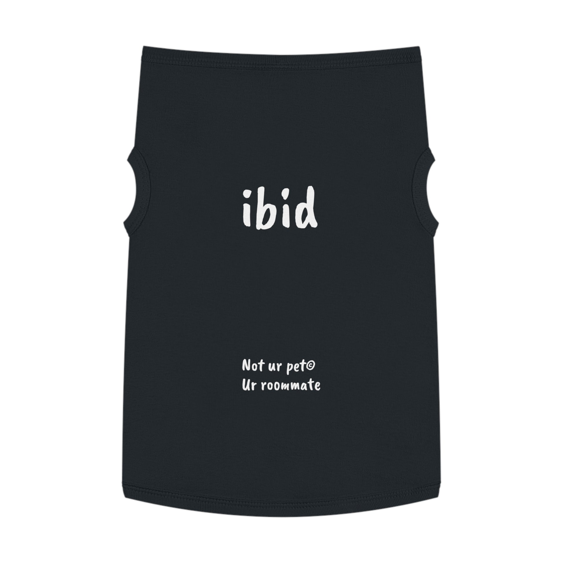 black t-shirt with "ibid" text on white background
