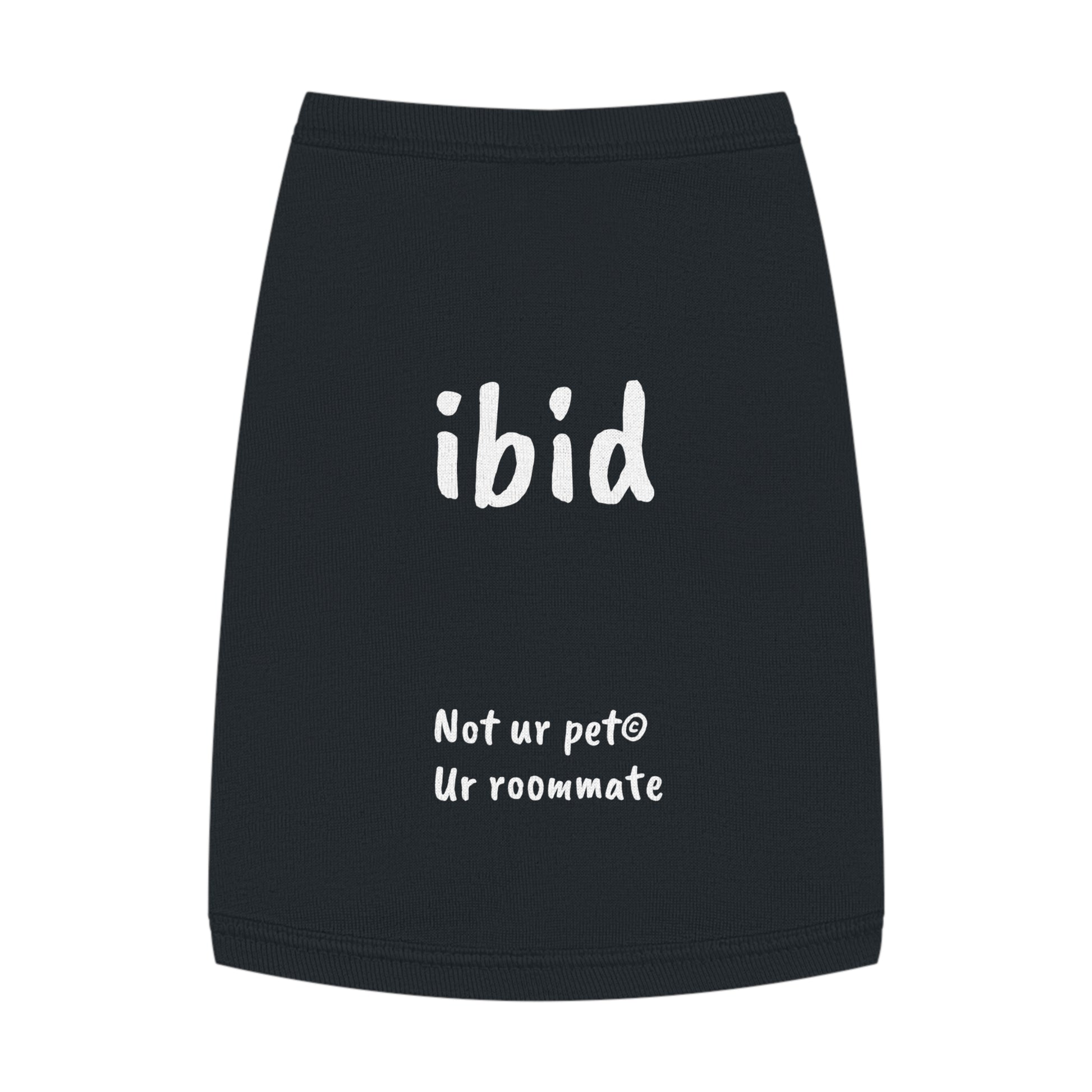 black t-shirt with "ibid" text on white background