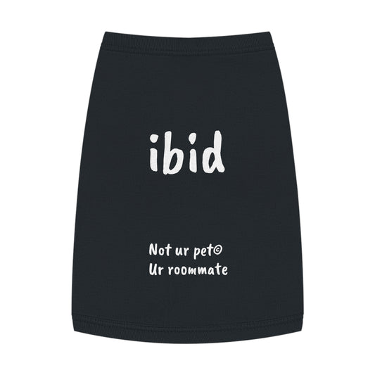 black t-shirt with "ibid" text on white background