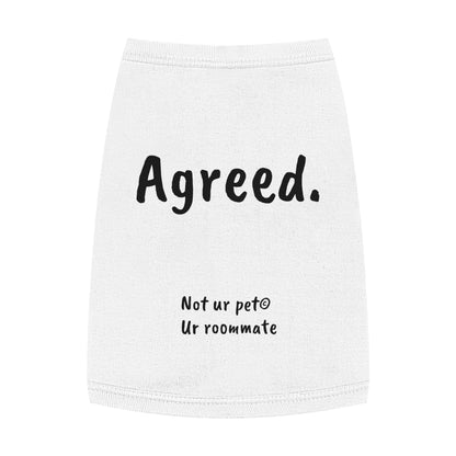 white dog t-shirt with "agreed." text on white background