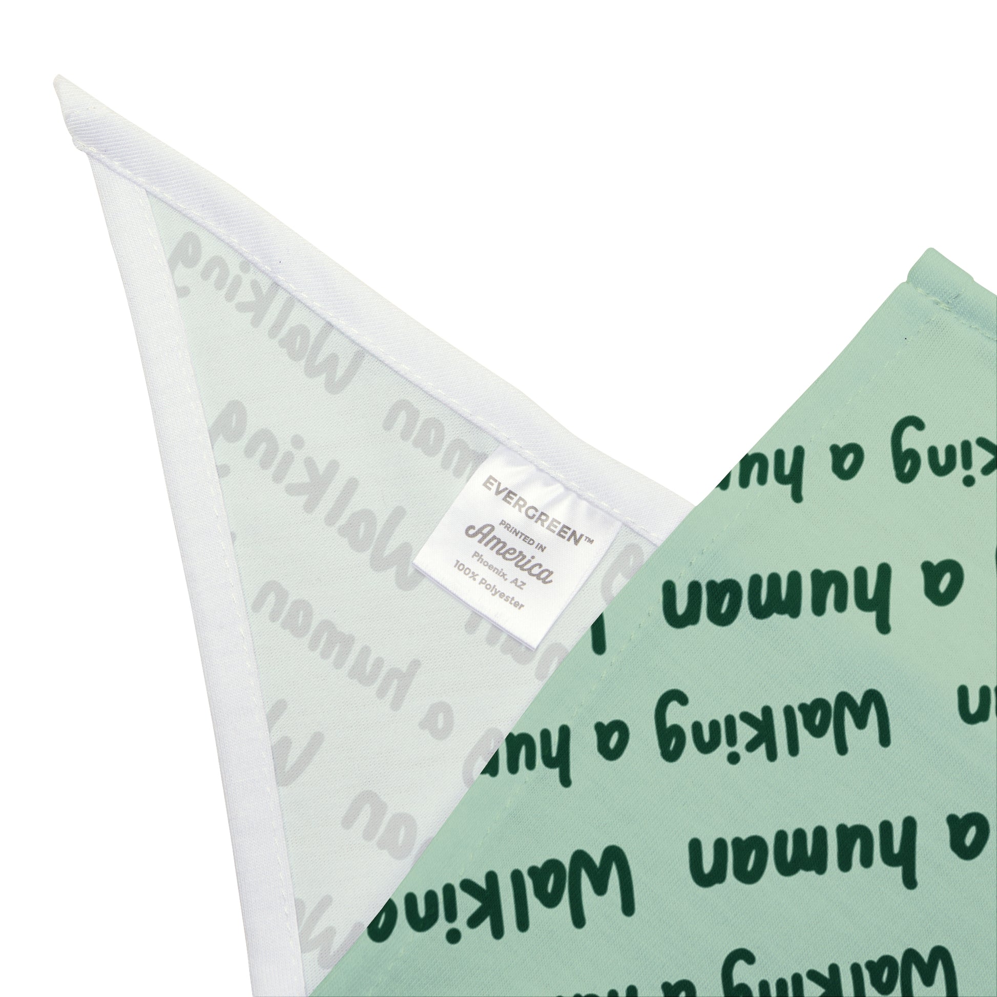 mint "walking a human" repeating text bandana on a dog