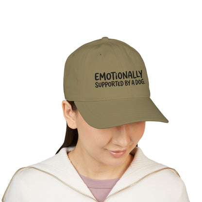 "Emotionally supported by a dog" embroidered organic cotton baseball cap