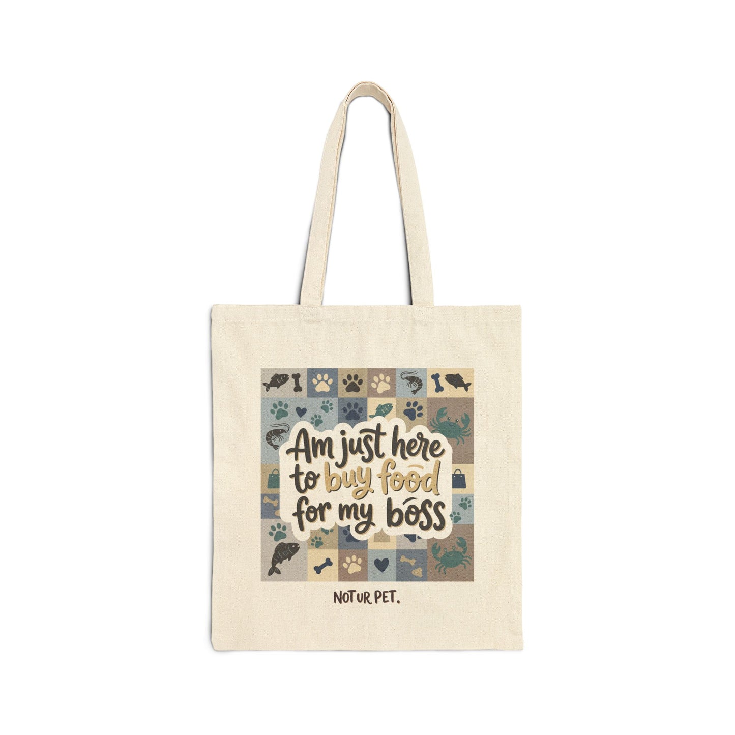 "Am Just Here to Buy Food for My Boss" ocean pattern canvas tote bag for pet lovers on white background