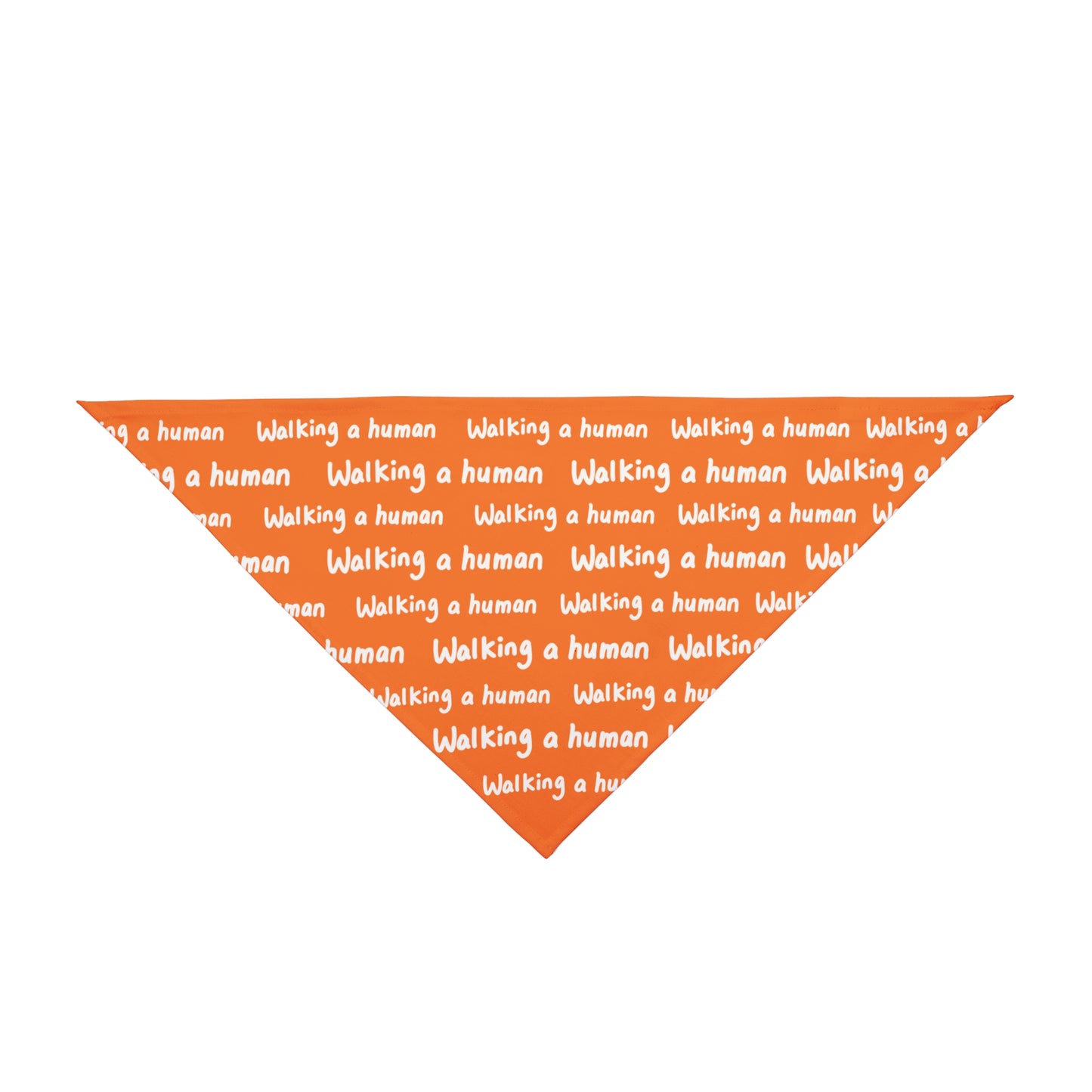 orange "walking a human" repeating text bandana on a dog