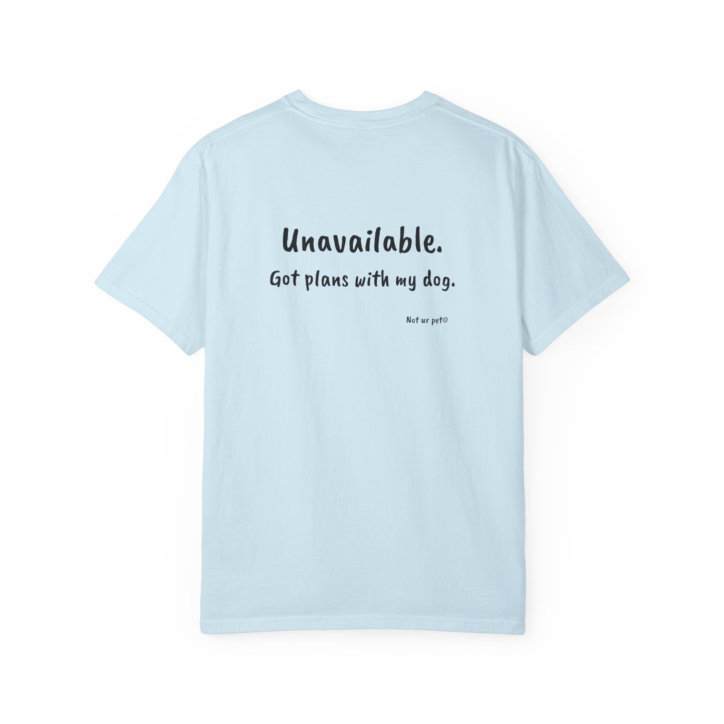 close up of "unavailable. got plans with my dog" text on soft light blue cotton t-shirt