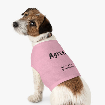 small dog wearing t-shirt with "agreed." text on white background