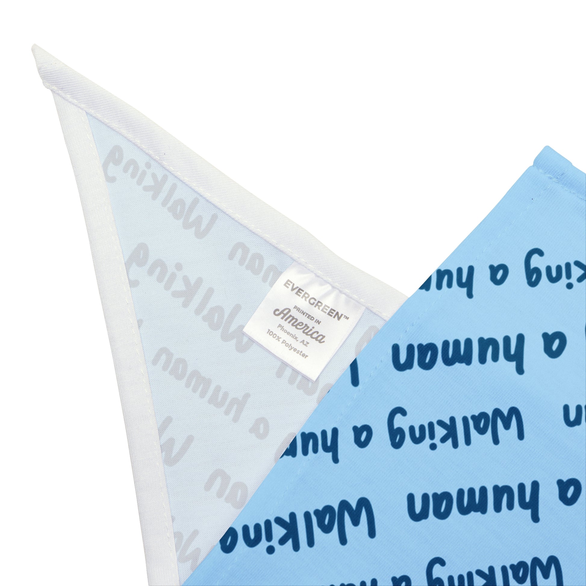 glacier blue "walking a human" repeating text bandana on a small dog