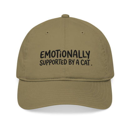 "Emotionally supported by a cat" embroidered organic cotton baseball cap