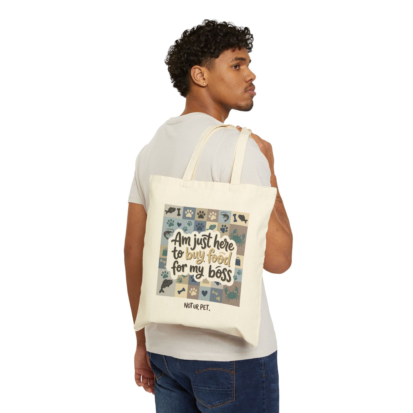 "Am Just Here to Buy Food for My Boss" ocean pattern canvas tote bag for pet lovers on white background