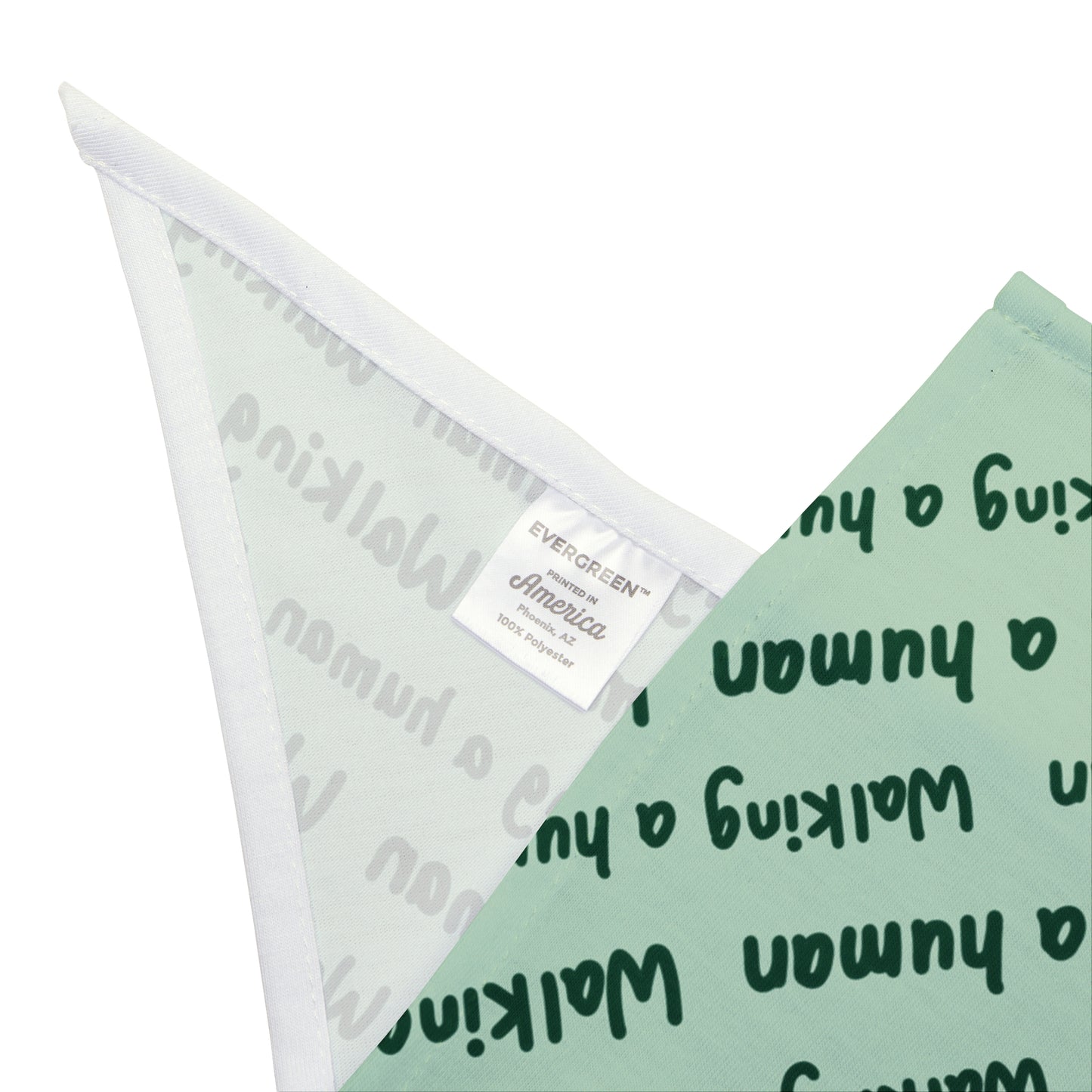 mint "walking a human" repeating text bandana on a dog