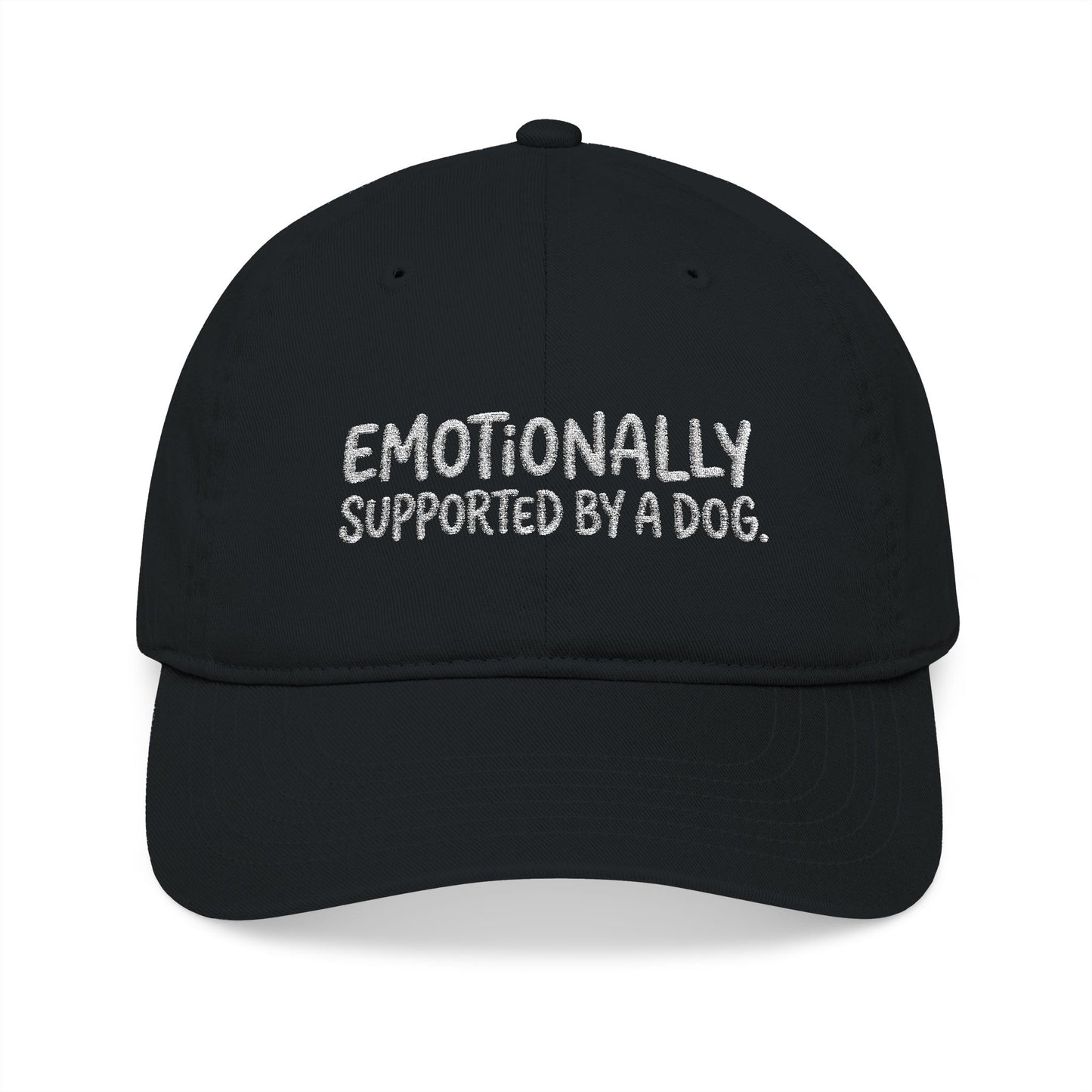 "Emotionally supported by a dog" embroidered organic cotton baseball cap