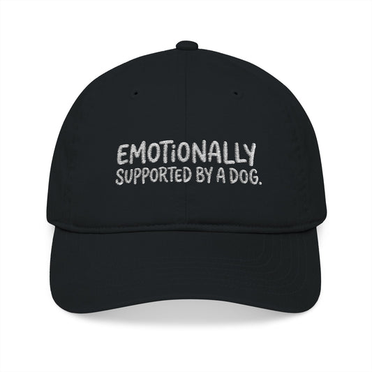 "Emotionally supported by a dog" embroidered organic cotton baseball cap