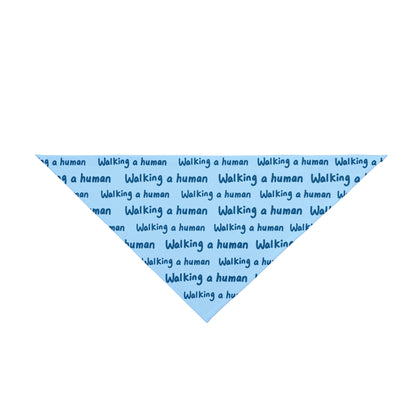 glacier blue "walking a human" repeating text bandana on a dog