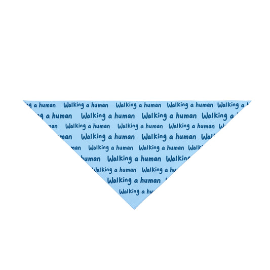 glacier blue "walking a human" repeating text bandana on a dog