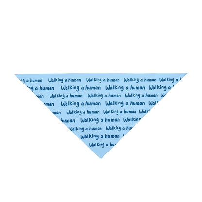 glacier blue "walking a human" repeating text bandana on a small dog