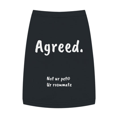 Black cotton dog t-shirt with “agreed.” text on white background