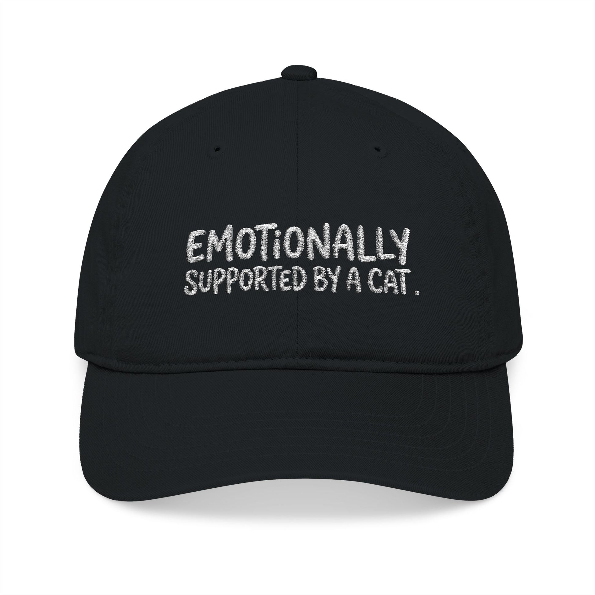 "Emotionally supported by a cat" embroidered organic cotton baseball cap