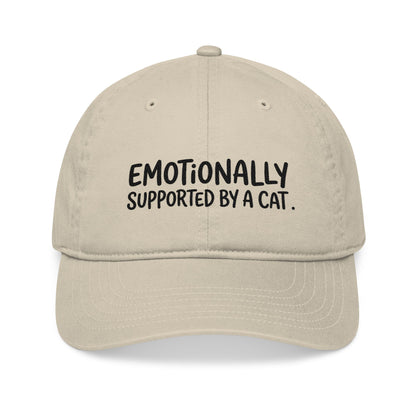 "Emotionally supported by a cat" embroidered organic cotton baseball cap