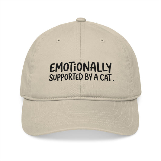 "Emotionally supported by a cat" embroidered organic cotton baseball cap