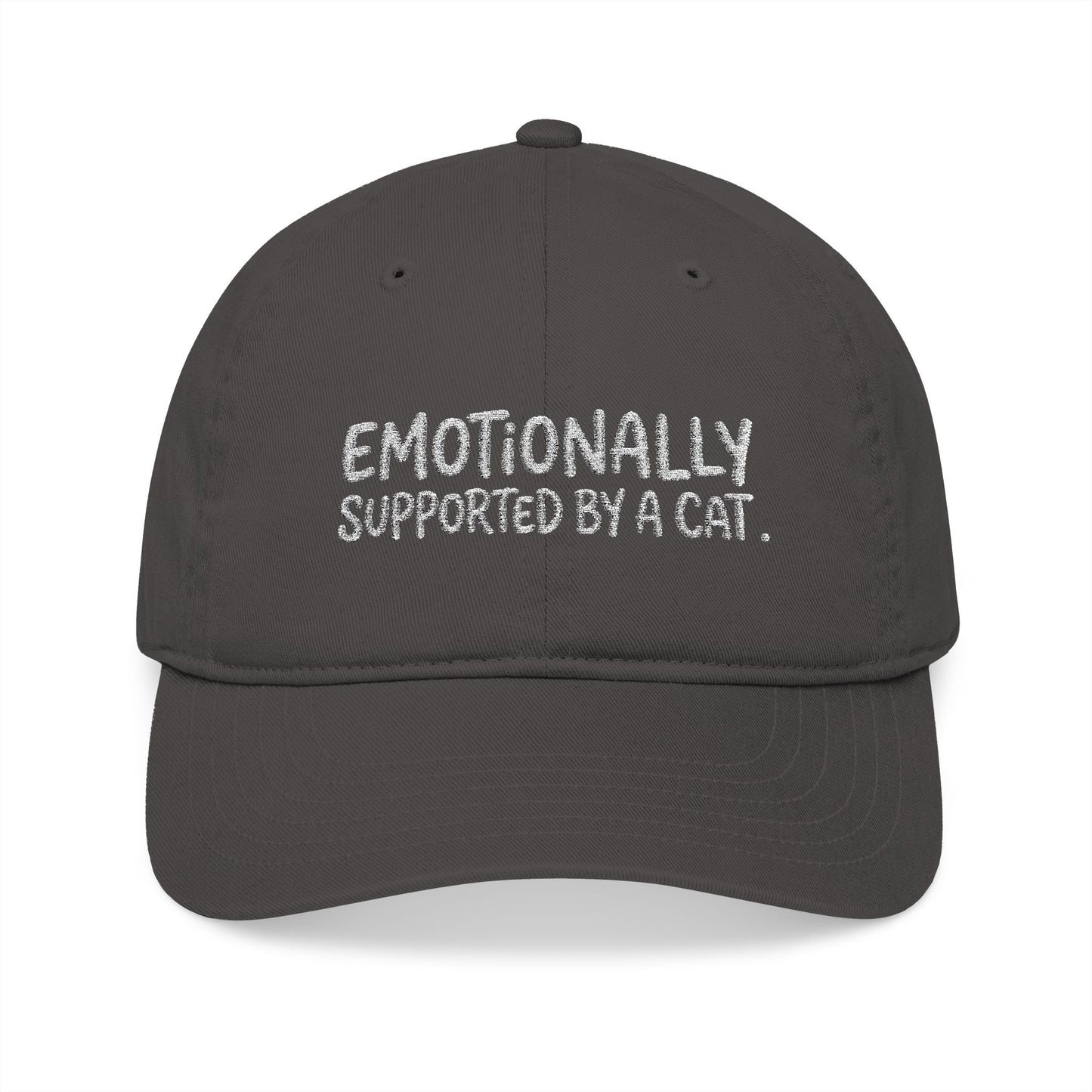 "Emotionally supported by a cat" embroidered organic cotton baseball cap
