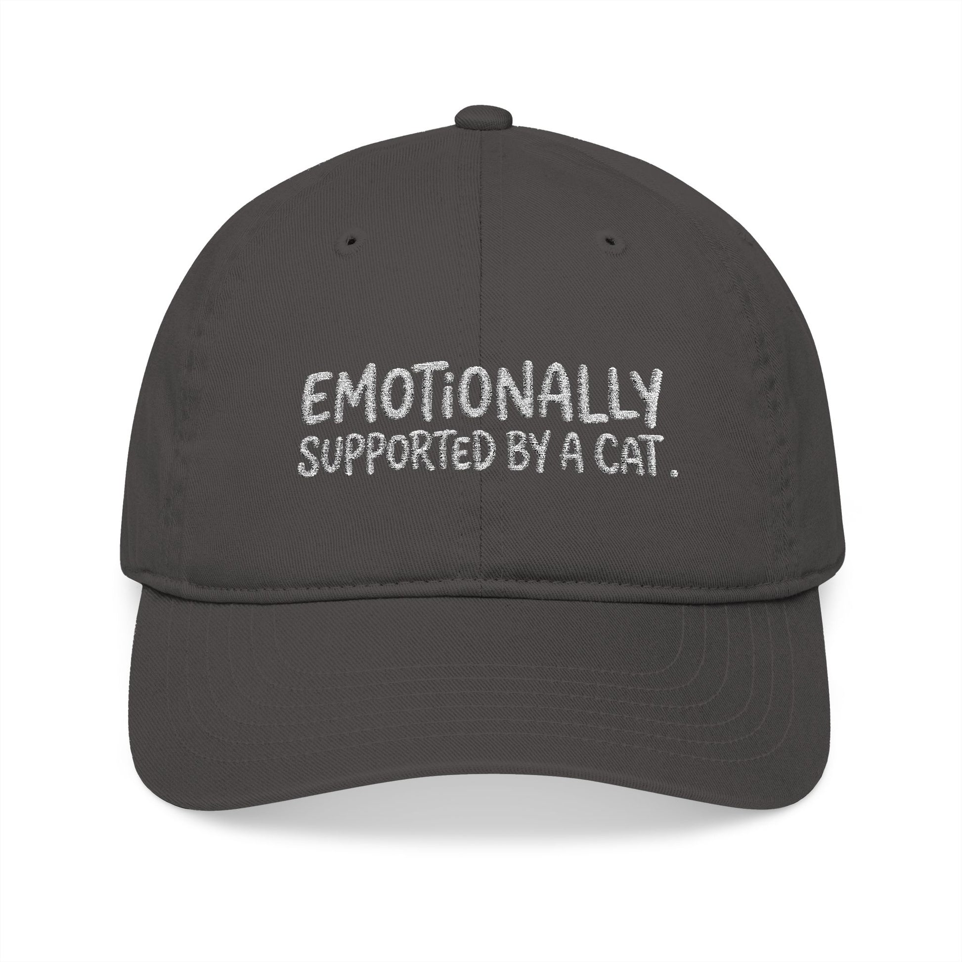 "Emotionally supported by a cat" embroidered organic cotton baseball cap