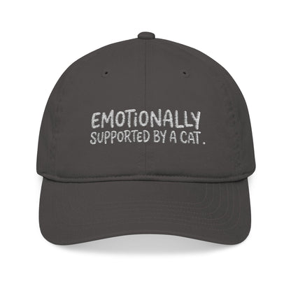 "Emotionally supported by a cat" embroidered organic cotton baseball cap