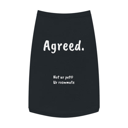Black cotton dog t-shirt with “agreed.” text on white background