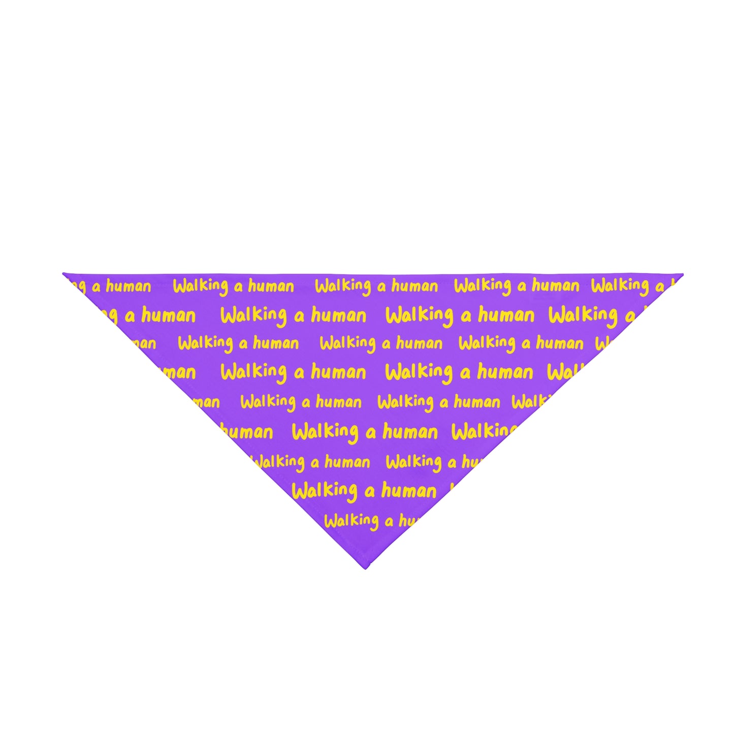 purple "walking a human" repeating text bandana on a dog