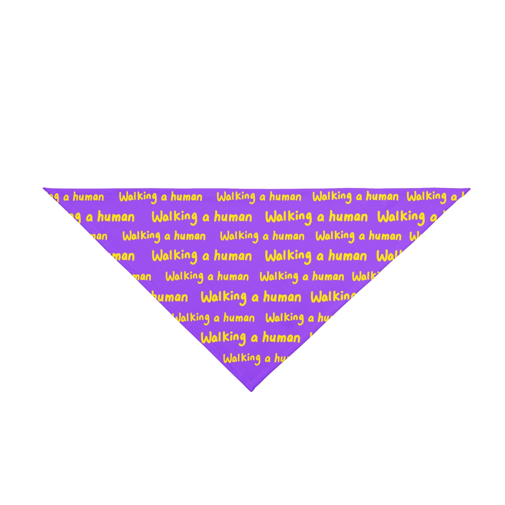 purple "walking a human" repeating text bandana on a dog