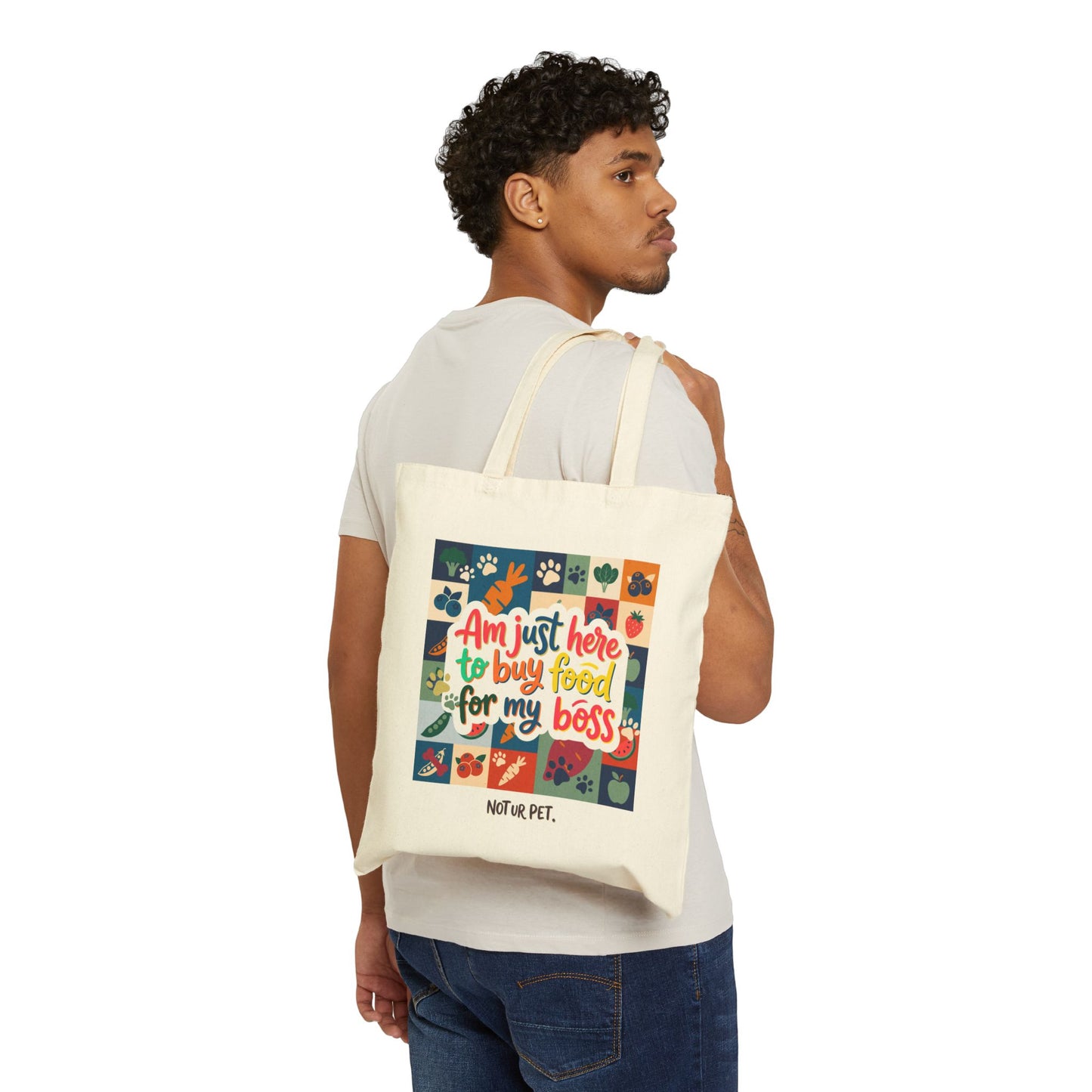 "Am Just Here to Buy Food for My Boss" farm pattern canvas tote bag for pet lovers
