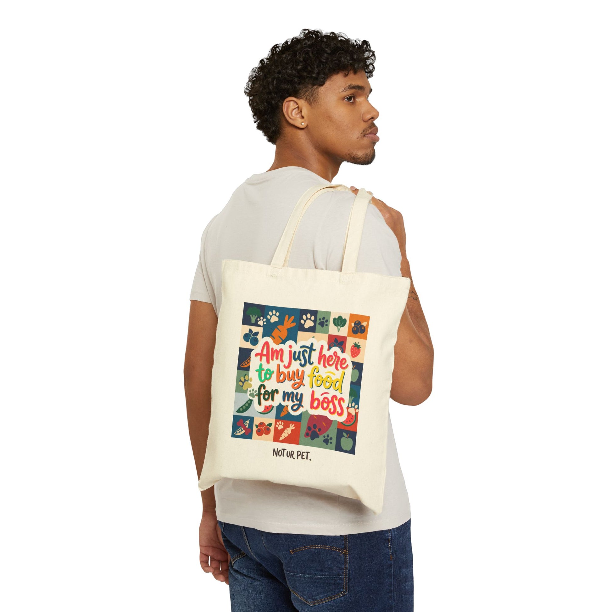 "Am Just Here to Buy Food for My Boss" farm pattern canvas tote bag for pet lovers